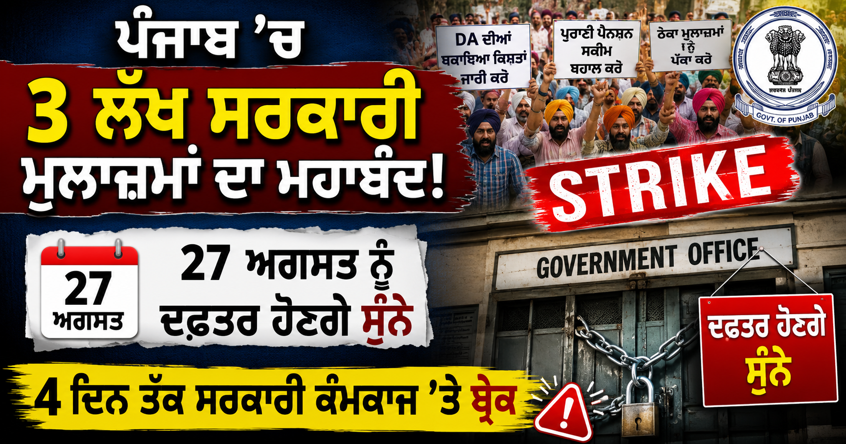 ਪੰਜਾਬ ’ਚ 3 ਲੱਖ ਮੁਲਾਜ਼ਮਾਂ ਦਾ ਮਹਾਬੰਦ, 27 ਅਗਸਤ ਨੂੰ ਸਰਕਾਰੀ ਦਫ਼ਤਰ ਬੰਦ