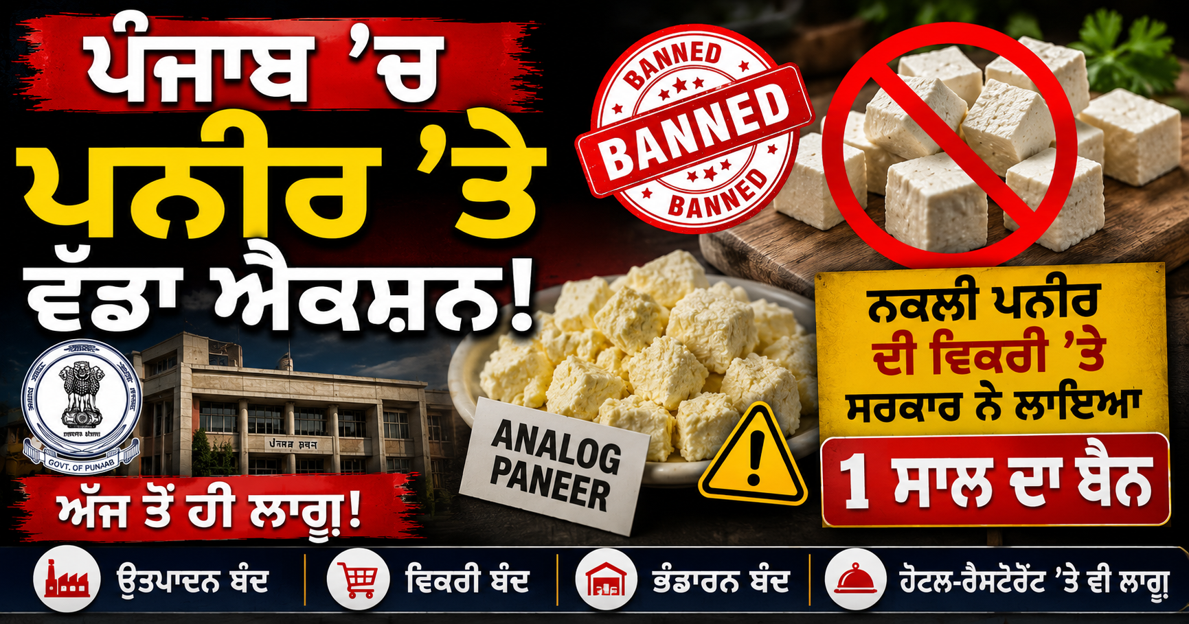 ਪੰਜਾਬ ’ਚ ਪਨੀਰ ’ਤੇ ਵੱਡਾ ਐਕਸ਼ਨ! ਨਕਲੀ ਪਨੀਰ ਦੀ ਵਿਕਰੀ ’ਤੇ ਸਰਕਾਰ ਨੇ ਲਾਇਆ 1 ਸਾਲ ਦਾ ਬੈਨ