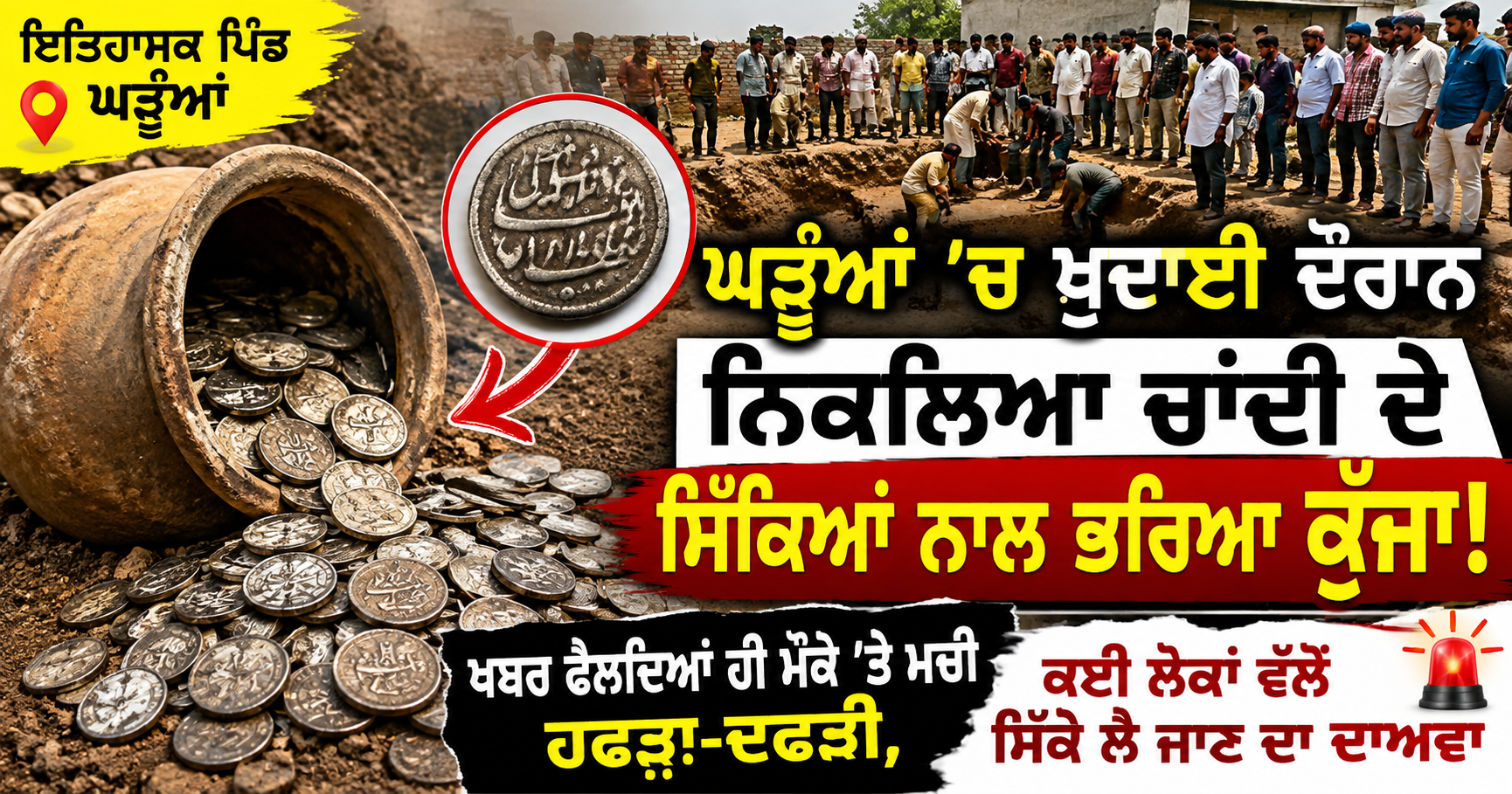 ਘੜੂੰਆਂ ’ਚ ਖ਼ੁਦਾਈ ਦੌਰਾਨ ਚਾਂਦੀ ਦੇ ਸਿੱਕਿਆਂ ਨਾਲ ਭਰਿਆ ਕੁੱਜਾ ਬਰਾਮਦ, ਮਚੀ ਹਫੜਾ-ਦਫੜੀ
